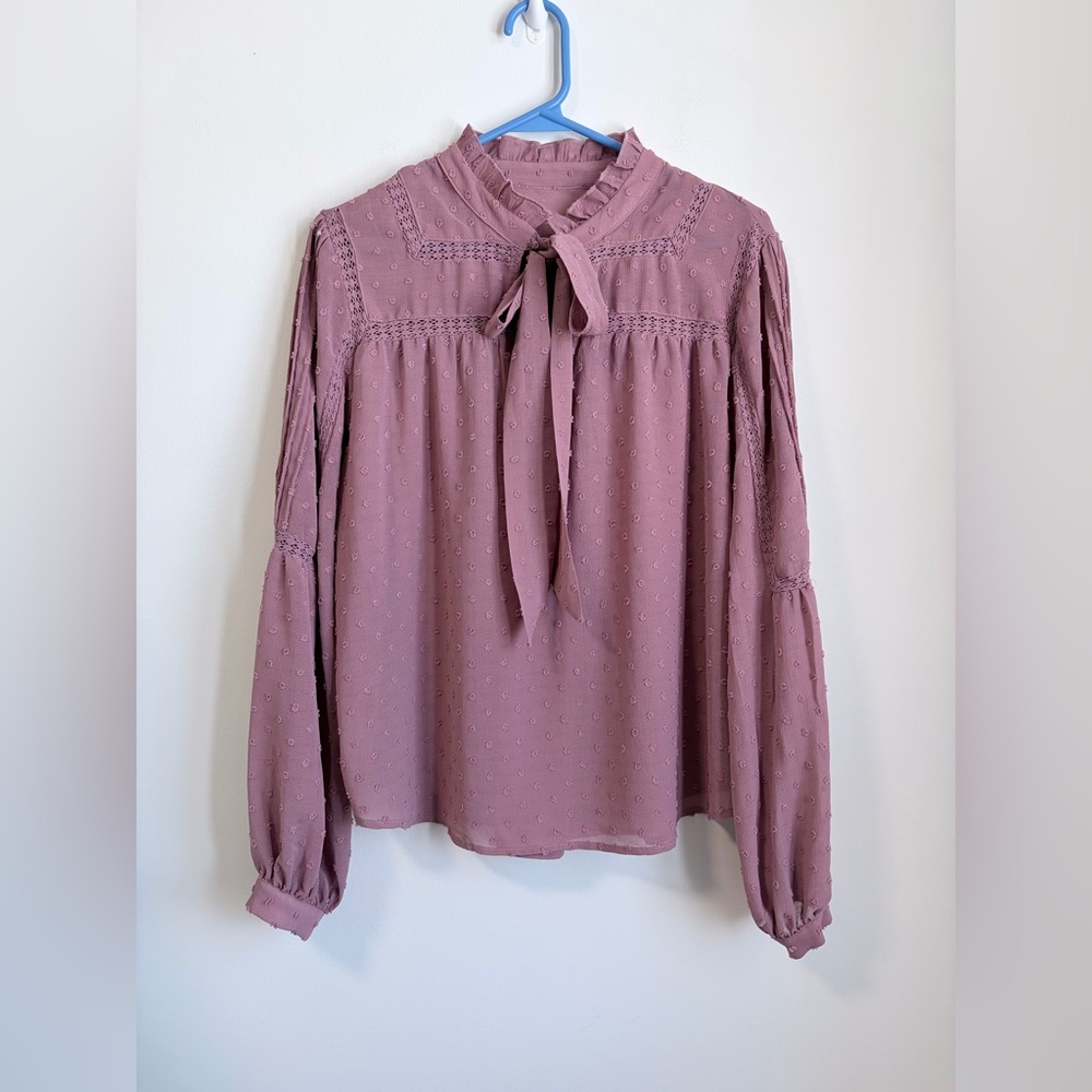 Dusty Pink Embroidered Blouse Balloon Sleeves 
Tie Collar Sezane Inspired